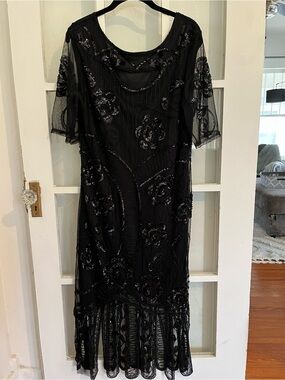 Black Beaded Floral Mesh Flapper Style Midi Dress